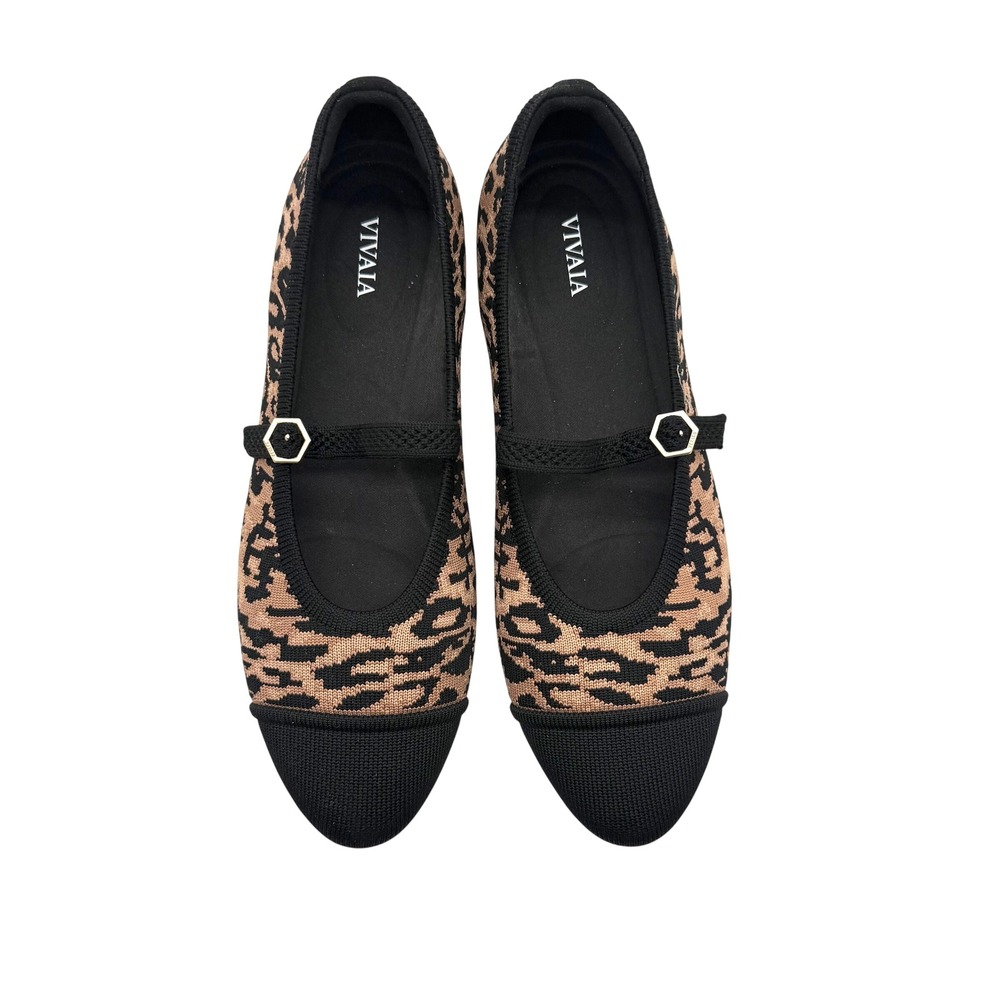 Vivaia Almond Toe Mary Jane Leopard Print Knit‎ Flats Black Tan Size 39.5